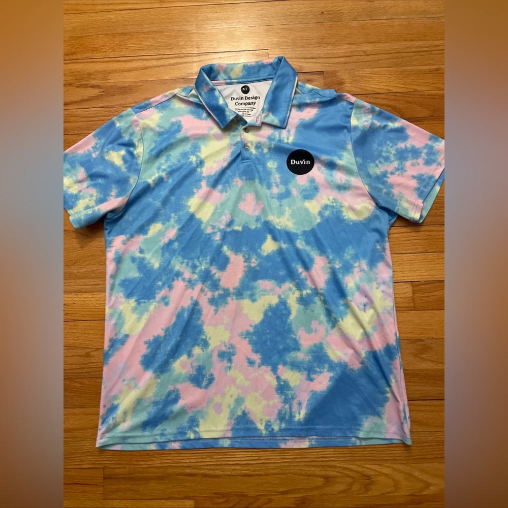 Duvin Design Mens XL Tie Dye Blue Pink‎ Yellow Short Sleeve Polo Golf Shirt